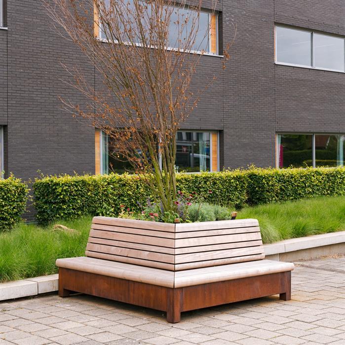 GP.2000CB.Ct garapa - Cortenstaal,Greenpoints,AROS met hoekbank,2000 x 2000 x 900 mm