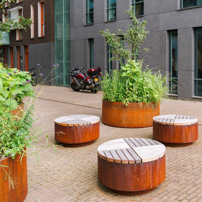 HO.R1140.Ct.BX bamboe - Cortenstaal,Hockers,AROS rond,1150 x 450 mm
