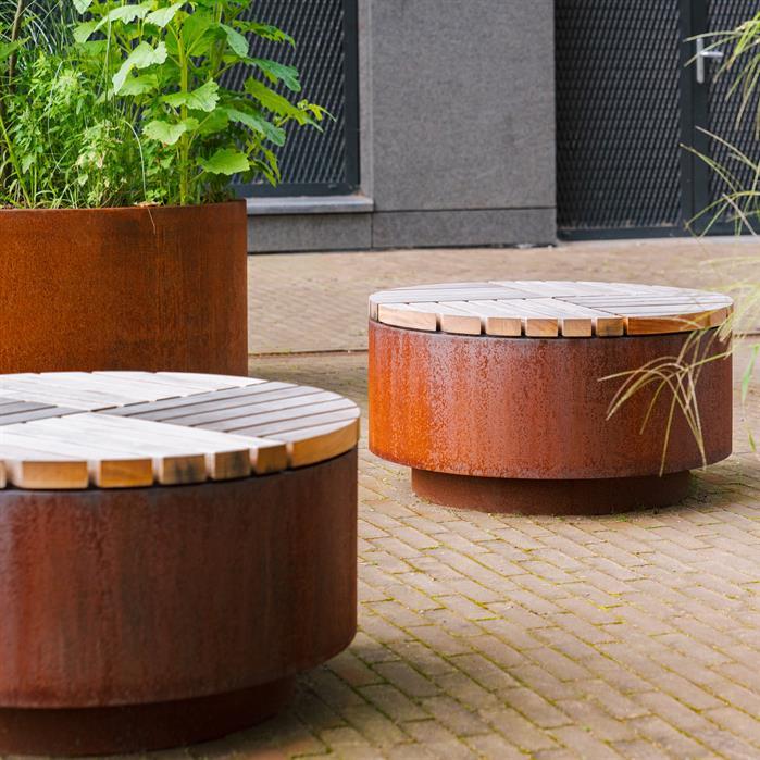 HO.R1140.Ct garapa - Cortenstaal,Hockers,AROS rond,1140 x 450 mm